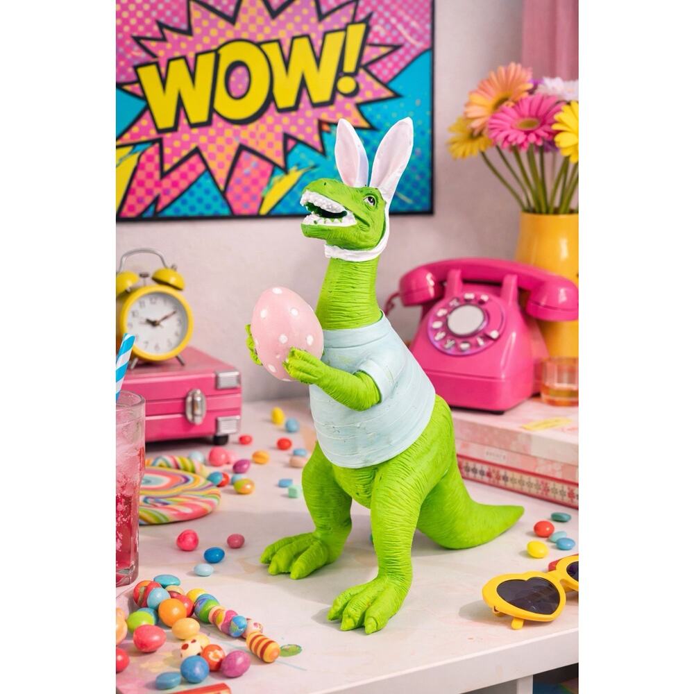 Easter Dinosaur Holding Pink Polka Dot Egg Home Decor Pop Art Figurine Sculpture